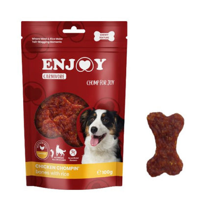 Recompense pentru câini Enjoy Carnivore Chicken Chompin Oase cu orez 300 g