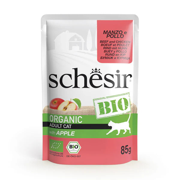 Hrană umedă pentru pisici Schesir Bio cu vită, pui și măr 85 g