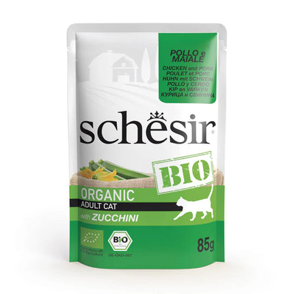 Hrană umedă pentru pisici Schesir Bio cu pui, porc și zucchini 85 g