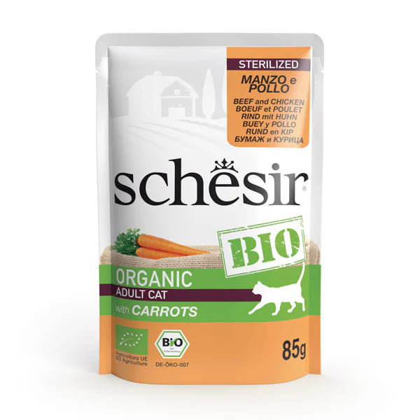 Hrană umedă pentru pisici Schesir Bio cu vită, pui și morcov 85 g