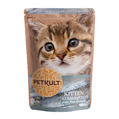 Hrană umedă pentru pisici junioare Petkult cu cod și sardine 100 g