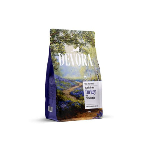 Hrană uscată pentru pisici Devora Sterilized Grain Free cu carne albă și cartofi dulci 400 g