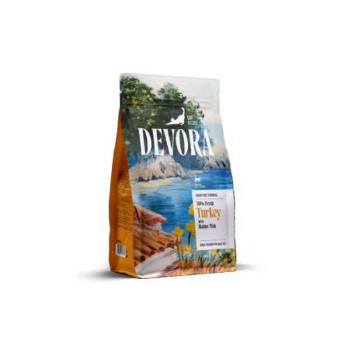 Hrană uscată pentru pisici Devora Sterilized Grain Free cu curcan și pește marin 400 g