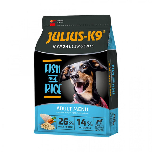 Julius K9 Adult - Hrană uscată premium, hipoalergenică - Pește și Orez - 3kg