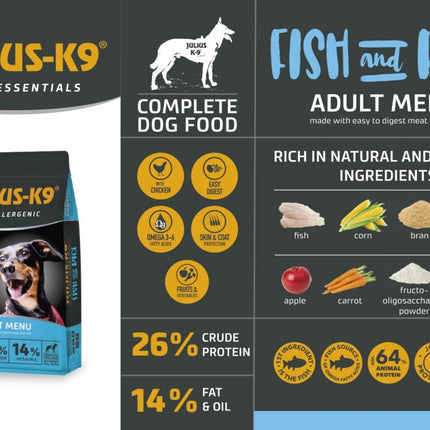 Julius K9 Adult - Hrană uscată premium, hipoalergenică - Pește și Orez - 3kg