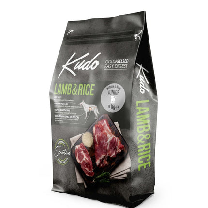 Kudo Junior Mediu-Maxi - Hrană uscată, presată la rece - Miel și Orez - 3kg