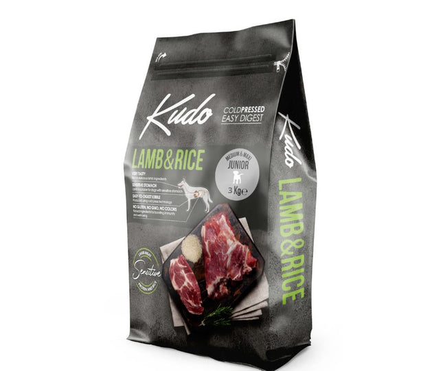 Kudo Junior Mediu-Maxi - Hrană uscată, presată la rece - Miel și Orez - 3kg