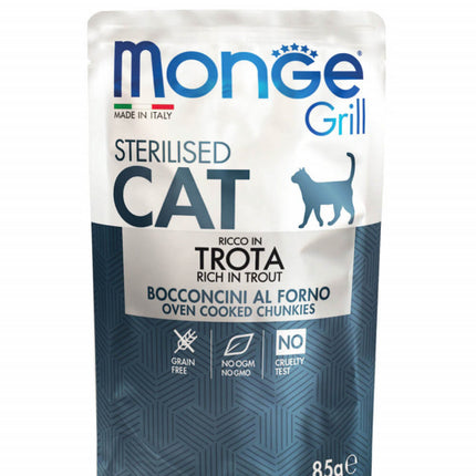 Monge Grill Chunkies Sterilised Cat - Hrană umedă super-premium - Păstrăv - 85g