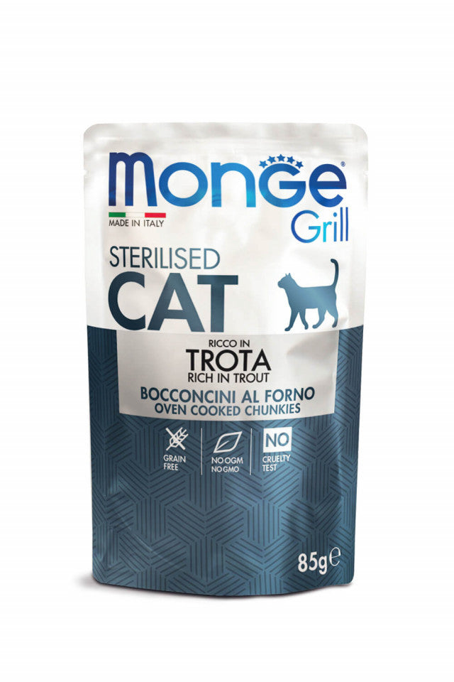 Monge Grill Chunkies Sterilised Cat - Hrană umedă super-premium - Păstrăv - 85g
