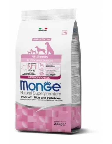 Monge Natural Superpremium Monoprotein Puppy All Breeds - Porc și Orez - 2,5kg