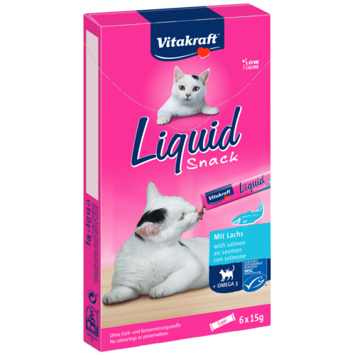 Snack lichid pentru pisici Vitakraft cu Somon și Omega 3 6×15 g